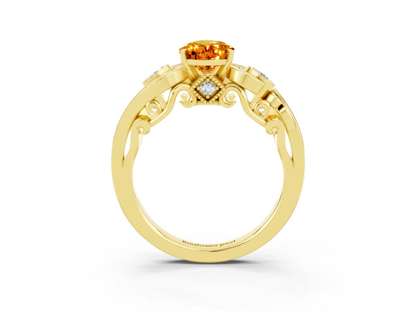 Yellow gold Pear Cut Citrine Solitaire Ring with Milgrain Pavé Band and Four-Prong Setting