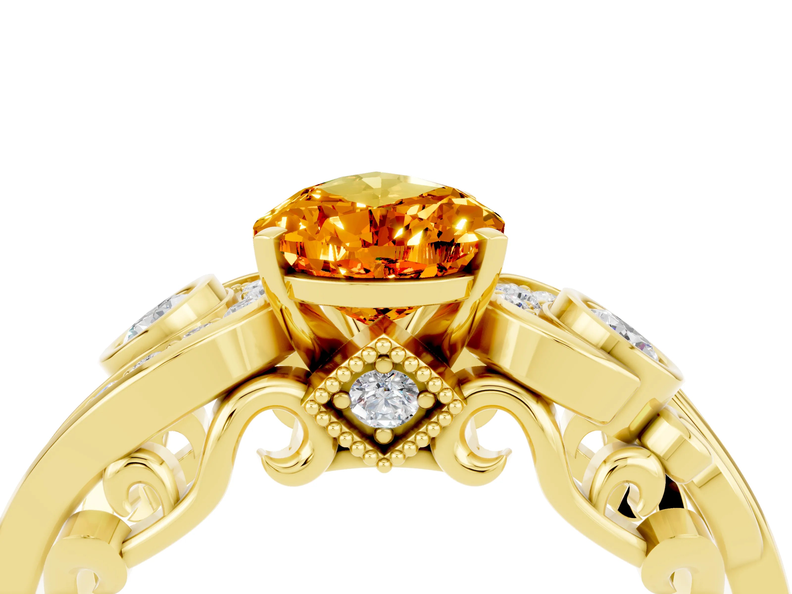 Yellow gold Pear Cut Citrine Solitaire Ring with Milgrain Pavé Band and Four-Prong Setting_28