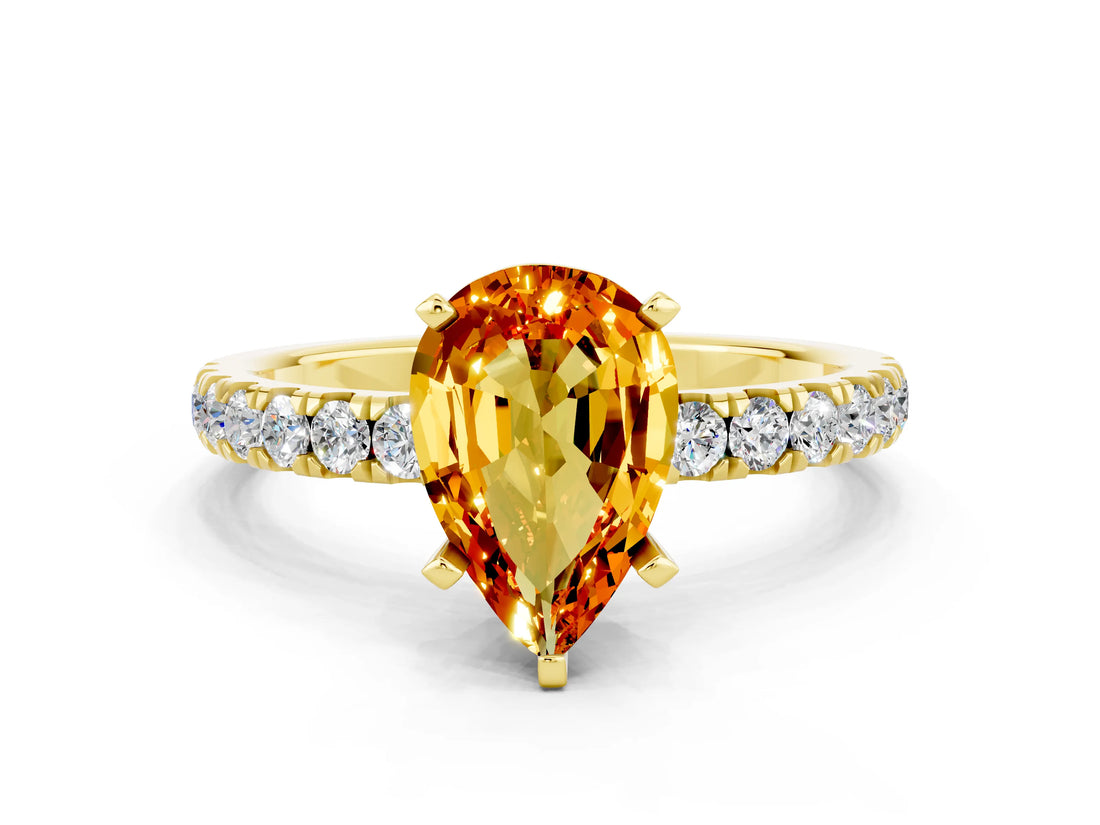 Yellow gold Pear Cut Citrine Solitaire Ring with Pavé Accents and Four-Prong Setting
