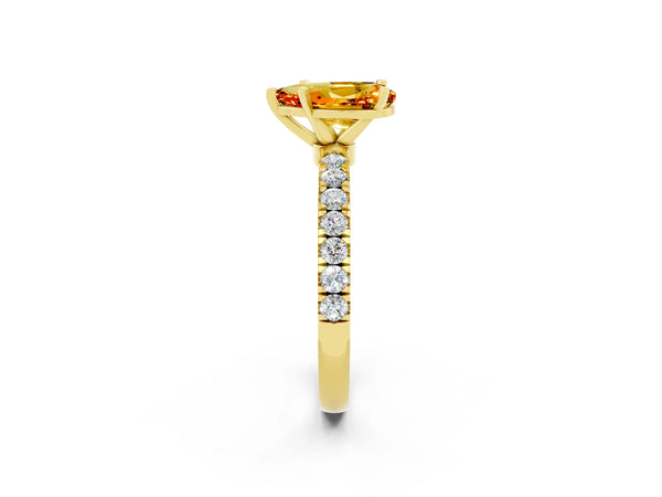 Yellow gold Pear Cut Citrine Solitaire Ring with Pavé Accents and Four-Prong Setting