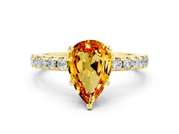 Yellow gold Pear Cut Citrine Solitaire Ring with Round  Pavé Band and Four-Prong Setting