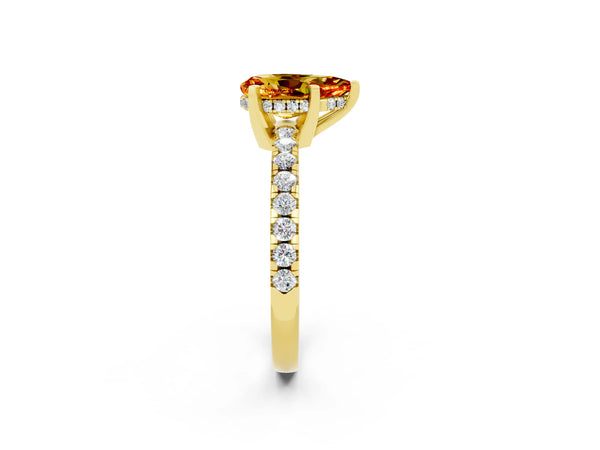 Yellow gold Pear Cut Citrine Solitaire Ring with Round  Pavé Band and Four-Prong Setting