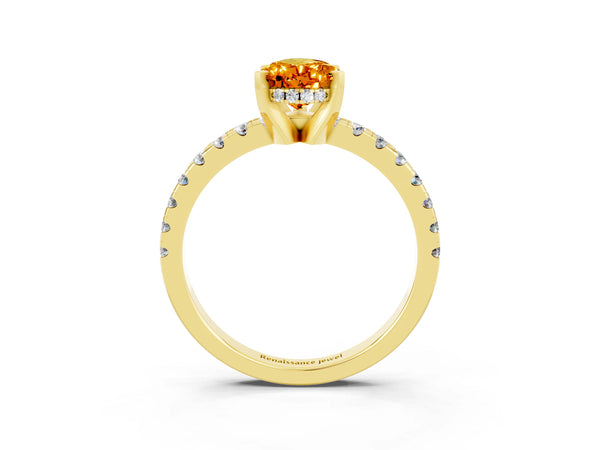 Yellow gold Pear Cut Citrine Solitaire Ring with Round  Pavé Band and Four-Prong Setting