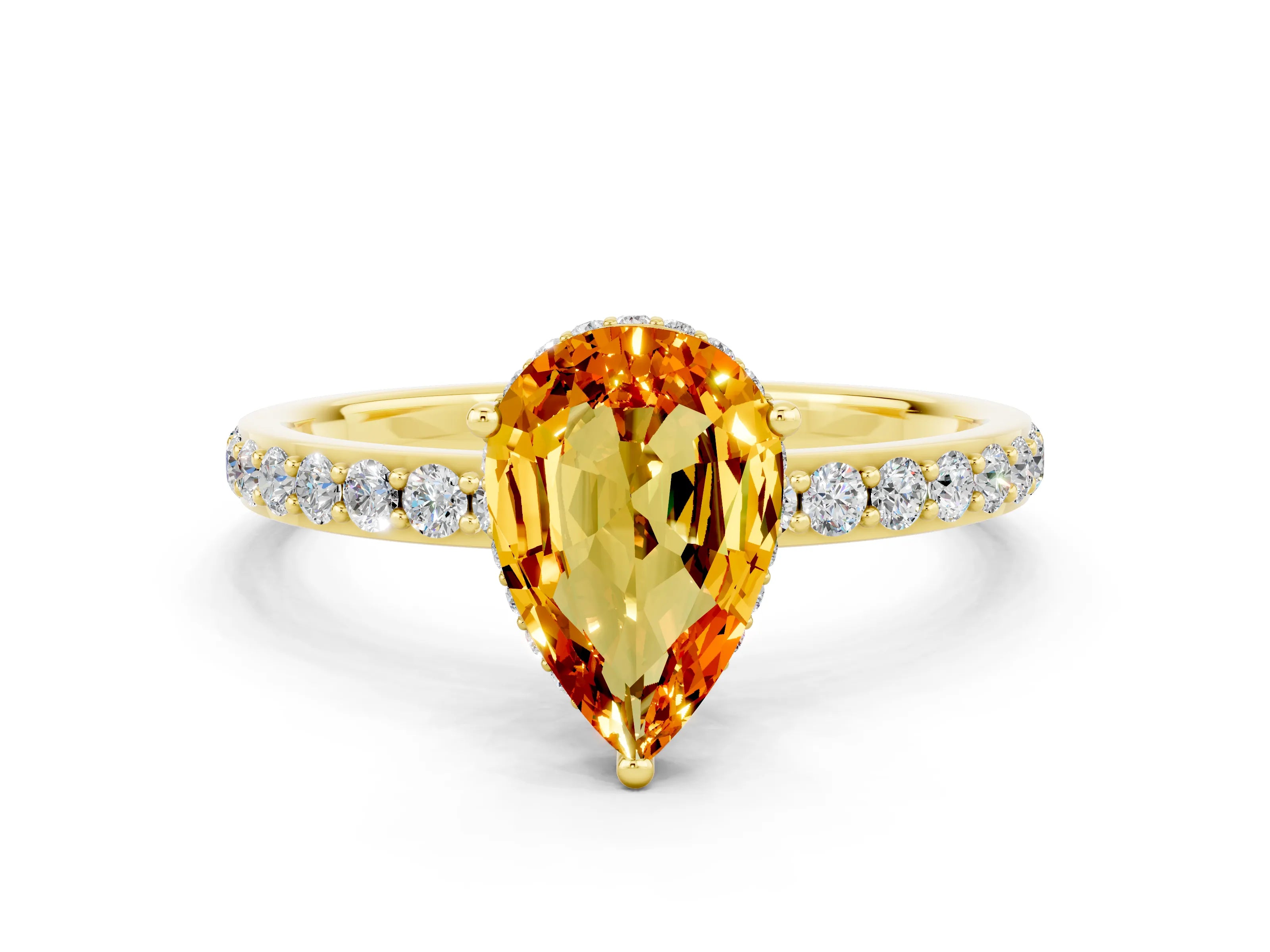Yellow gold Pear Cut Citrine Solitaire Ring with Pavé Band and Hidden Halo_12