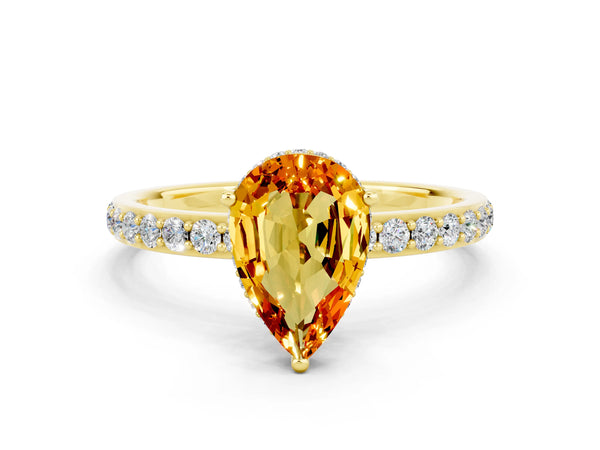 Yellow gold Pear Cut Citrine Solitaire Ring with Pavé Band and Hidden Halo