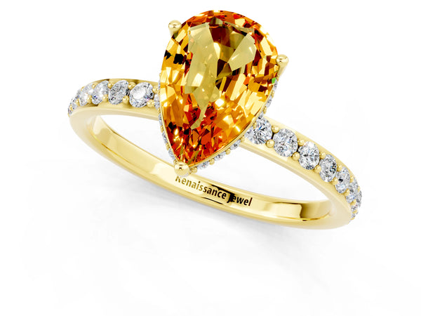 Yellow gold Pear Cut Citrine Solitaire Ring with Pavé Band and Hidden Halo