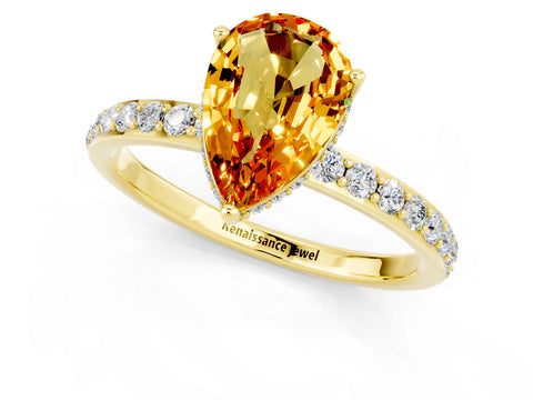 Yellow gold Pear Cut Citrine Solitaire Ring with Pavé Band and Hidden Halo_13