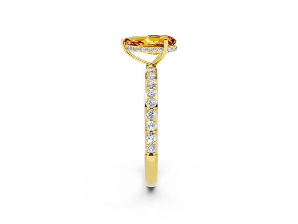 Yellow gold Pear Cut Citrine Solitaire Ring with Pavé Band and Hidden Halo