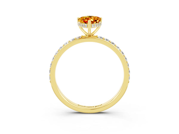Yellow gold Pear Cut Citrine Solitaire Ring with Pavé Band and Hidden Halo