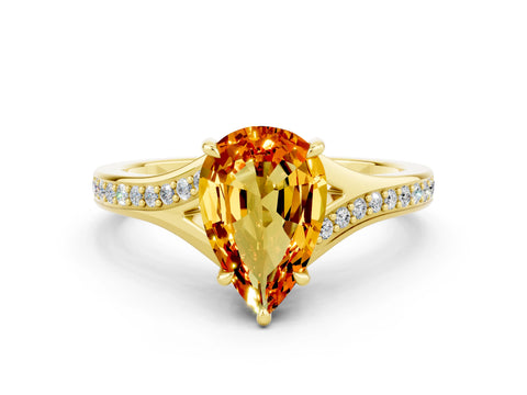 Yellow gold Pear Cut Citrine Solitaire Ring with Pavé Band and Prong Setting_12
