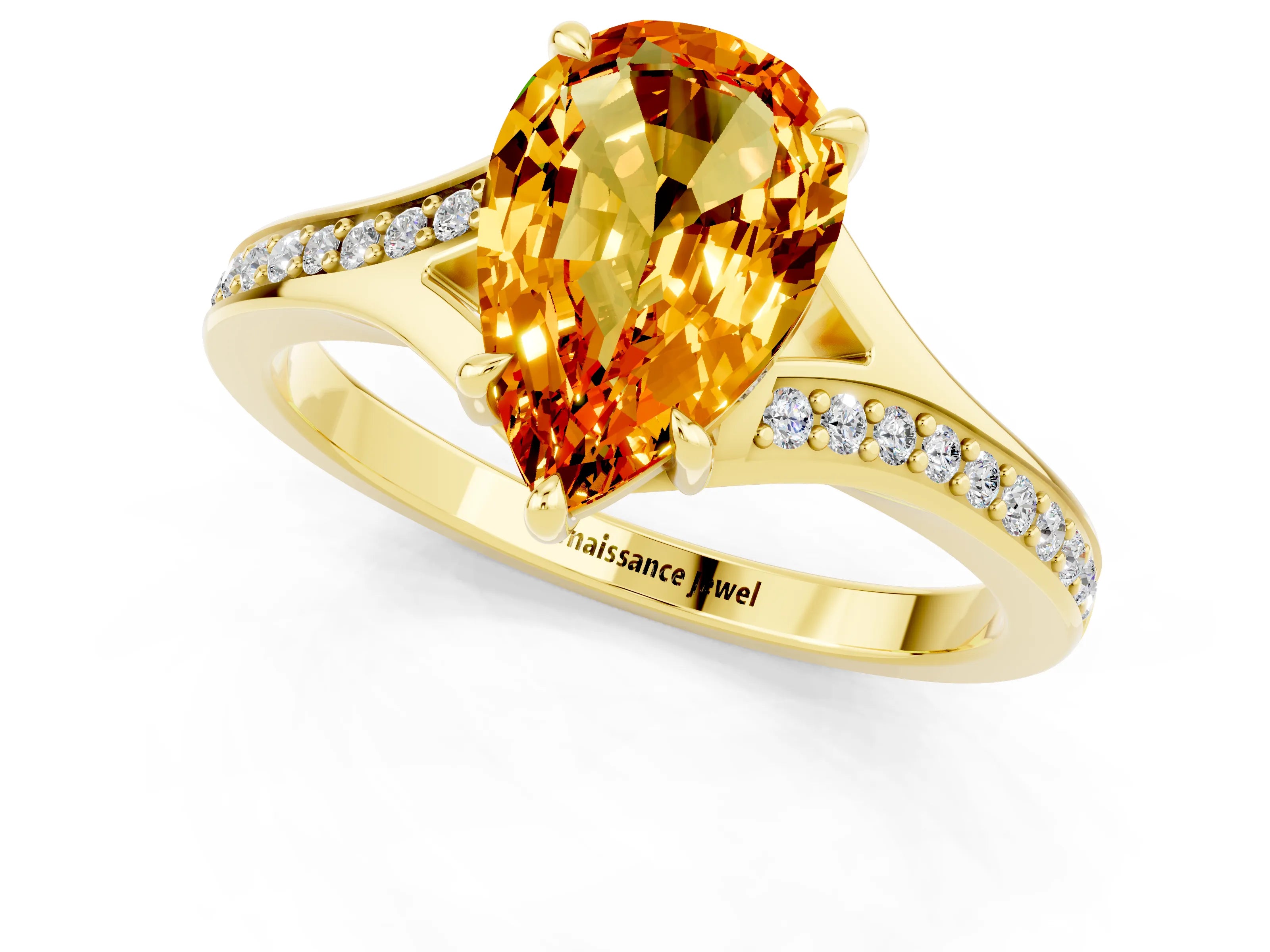 Yellow gold Pear Cut Citrine Solitaire Ring with Pavé Band and Prong Setting_13