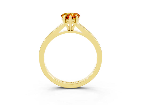 Yellow gold Pear Cut Citrine Solitaire Ring with Pavé Band and Prong Setting