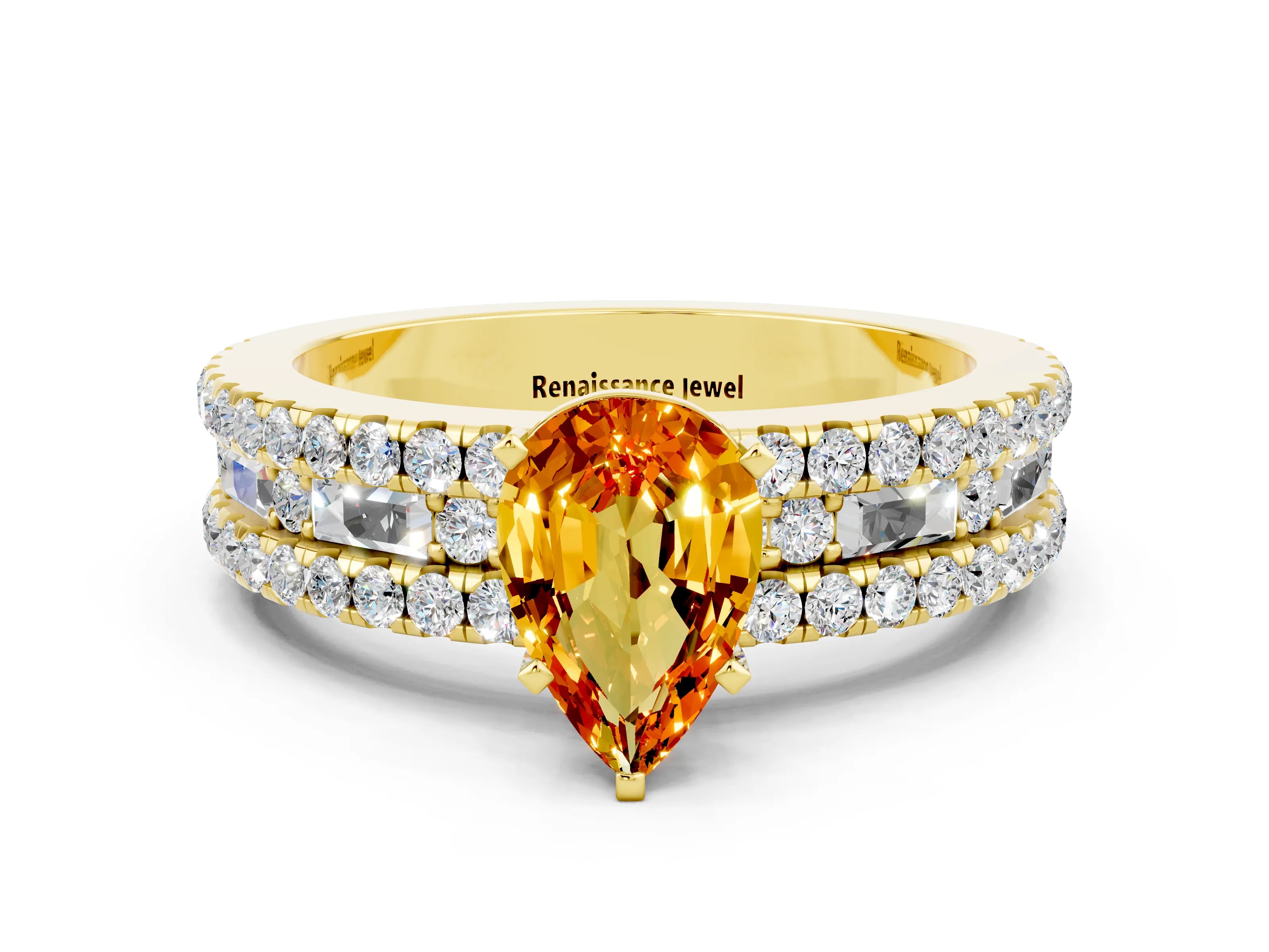 Yellow gold Pear Cut Citrine Solitaire Ring with Pavé and Channel Set Band