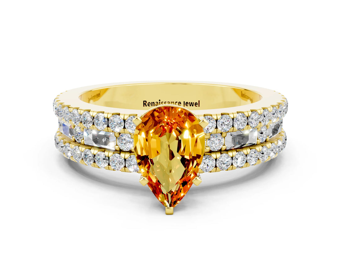 Yellow gold Pear Cut Citrine Solitaire Ring with Pavé and Channel Set Band