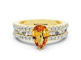 Yellow gold Pear Cut Citrine Solitaire Ring with Pavé and Channel Set Band