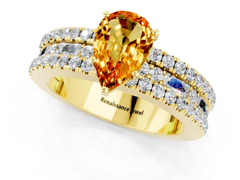 Yellow gold Pear Cut Citrine Solitaire Ring with Pavé and Channel Set Band_1
