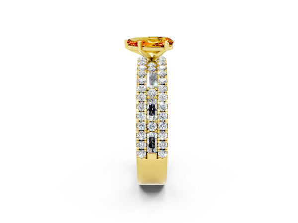 Yellow gold Pear Cut Citrine Solitaire Ring with Pavé and Channel Set Band