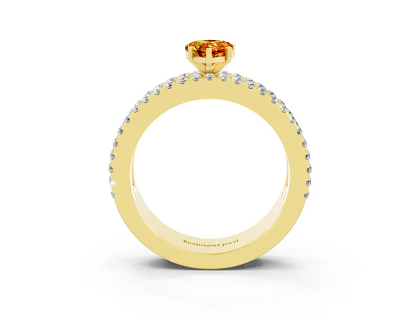 Yellow gold Pear Cut Citrine Solitaire Ring with Pavé and Channel Set Band