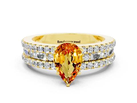 Yellow gold Pear Cut Citrine Solitaire Ring with Pavé and Channel Set Band