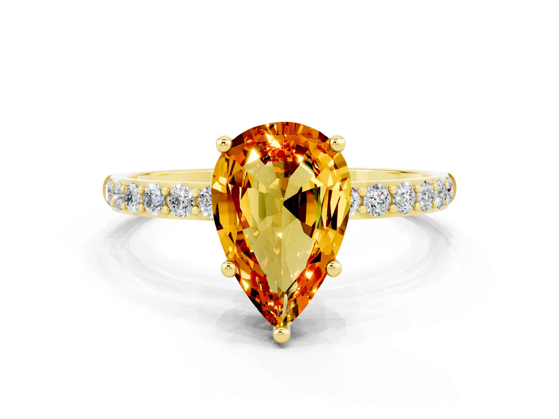 Yellow gold Pear Cut Citrine Solitaire Ring with Pave Band and Four Prong Setting_24