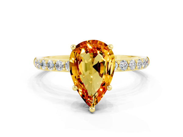 Yellow gold Pear Cut Citrine Solitaire Ring with Round  Pavé Band and Prong Setting