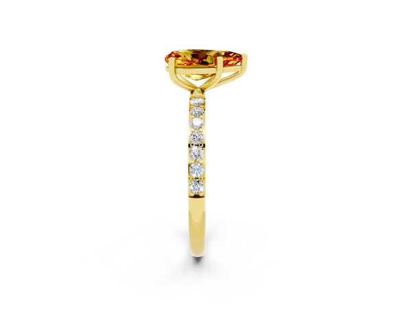 Yellow gold Pear Cut Citrine Solitaire Ring with Round  Pavé Band and Prong Setting