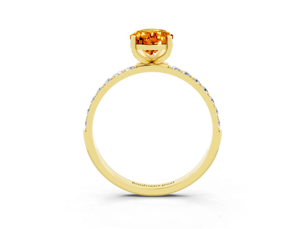 Yellow gold Pear Cut Citrine Solitaire Ring with Round  Pavé Band and Prong Setting