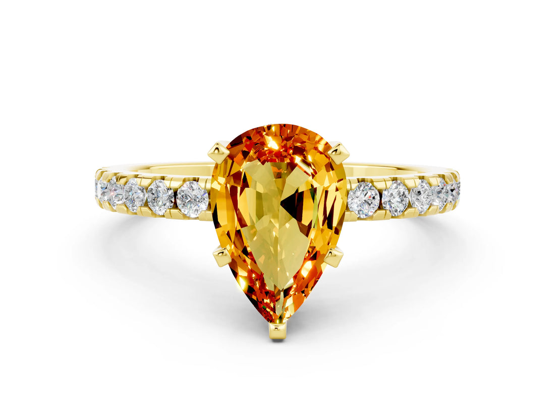 Yellow gold Pear Cut Citrine Solitaire Ring with Round  Pavé Band and Four-Prong Setting_36
