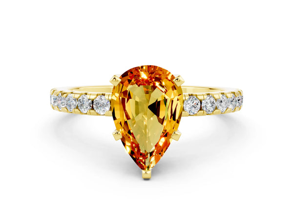 Yellow Gold Pear-Shaped Citrine Hidden Halo Engagement Ring with Pave Band
