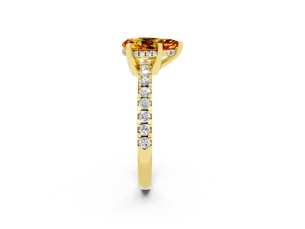 Yellow Gold Pear-Shaped Citrine Hidden Halo Engagement Ring with Pave Band