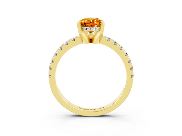 Yellow Gold Pear-Shaped Citrine Hidden Halo Engagement Ring with Pave Band
