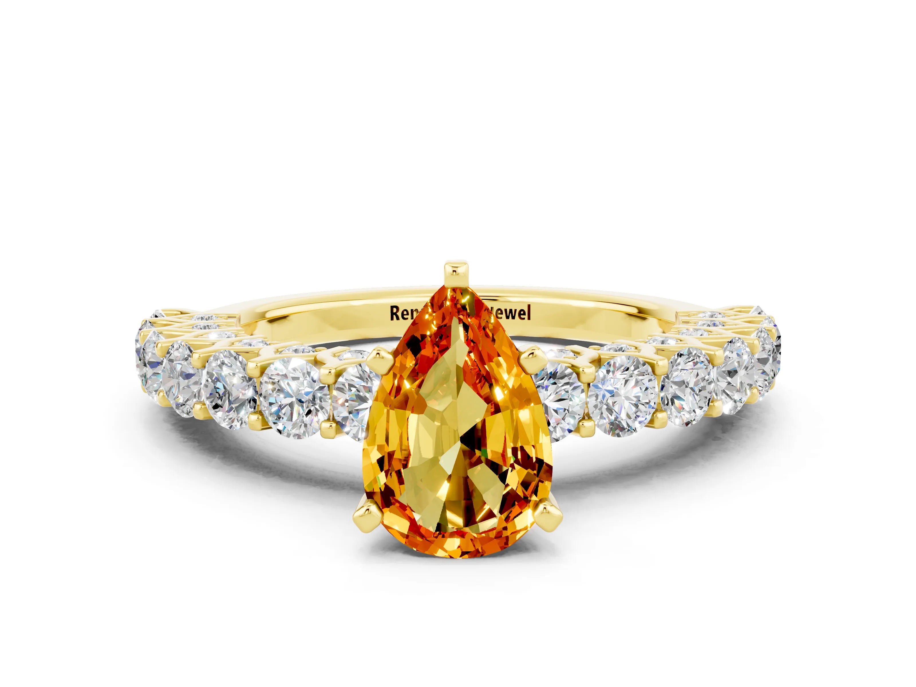 Yellow gold Pear Cut Citrine Solitaire Ring with Shared Prong Pavé Band and Four-Prong Setting