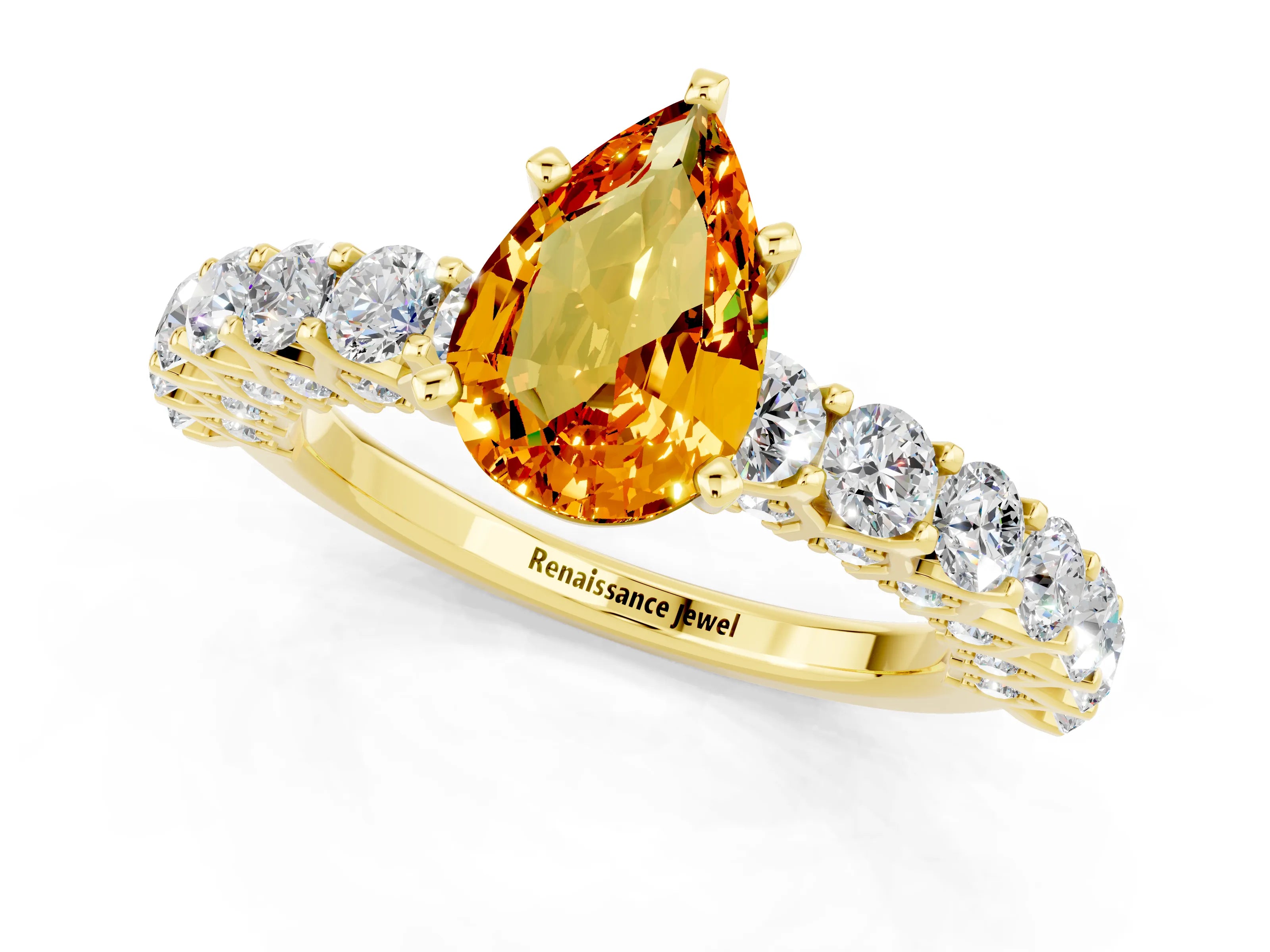 Yellow gold Pear Cut Citrine Solitaire Ring with Shared Prong Pavé Band and Four-Prong Setting_1