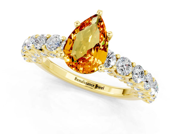 Yellow gold Pear Cut Citrine Solitaire Ring with Shared Prong Pavé Band and Four-Prong Setting
