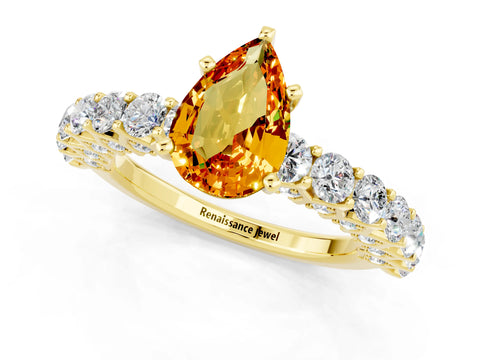 Yellow gold Pear Cut Citrine Solitaire Ring with Shared Prong Pavé Band and Four-Prong Setting_1