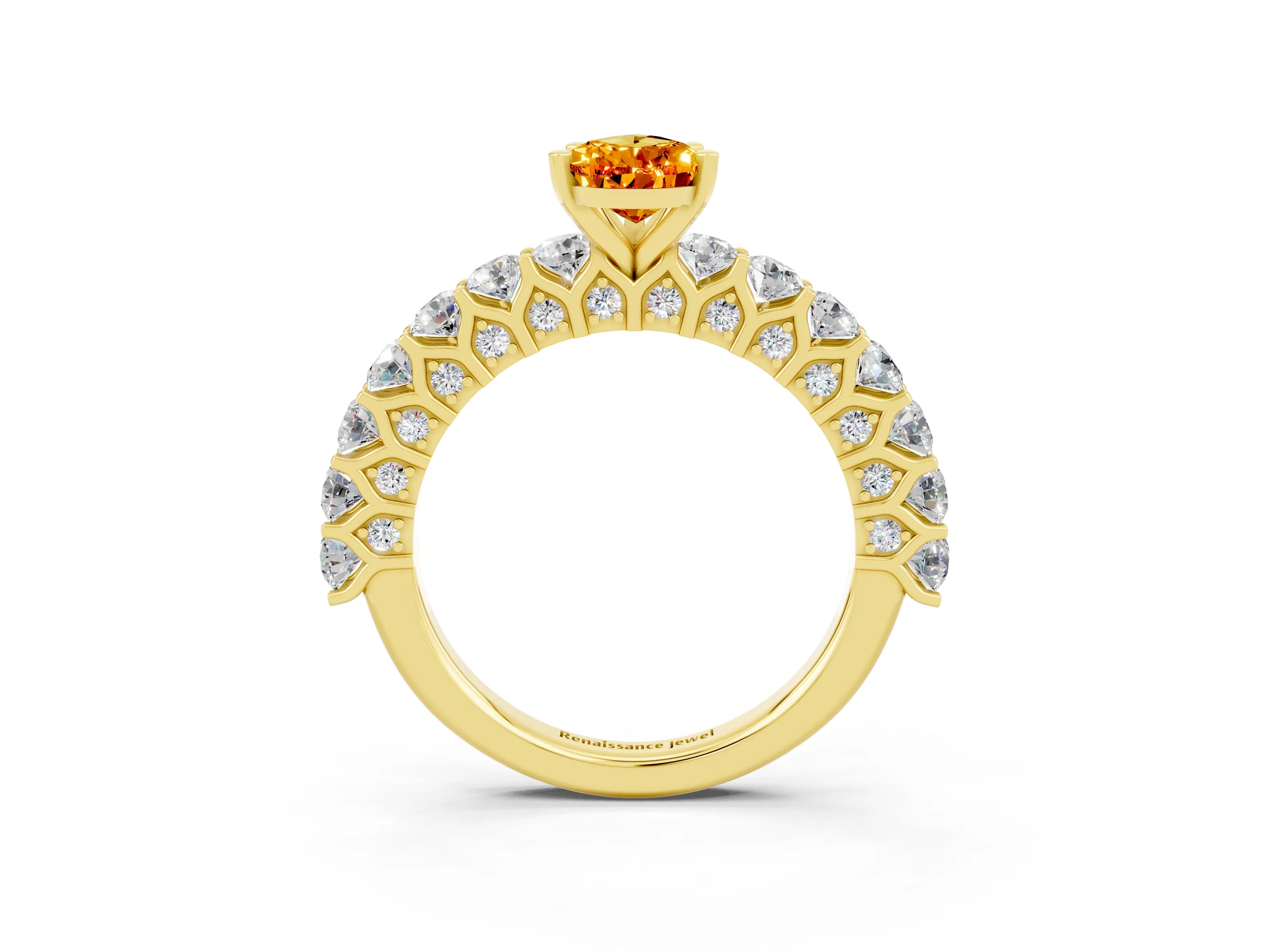 Yellow gold Pear Cut Citrine Solitaire Ring with Shared Prong Pavé Band and Four-Prong Setting_3