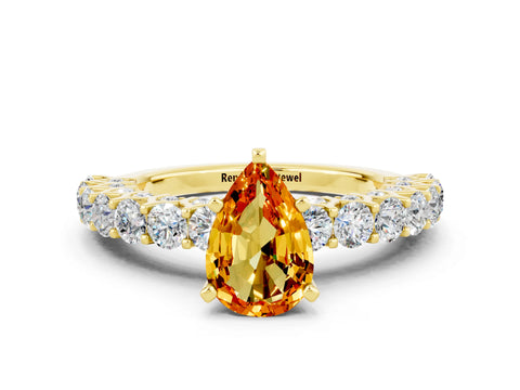 Yellow gold Pear Cut Citrine Solitaire Ring with Shared Prong Pavé Band and Four-Prong Setting