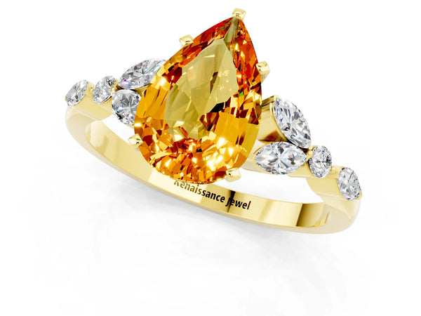 Yellow gold Pear Cut Citrine Solitaire Ring with Side Stones and Four-Prong Setting