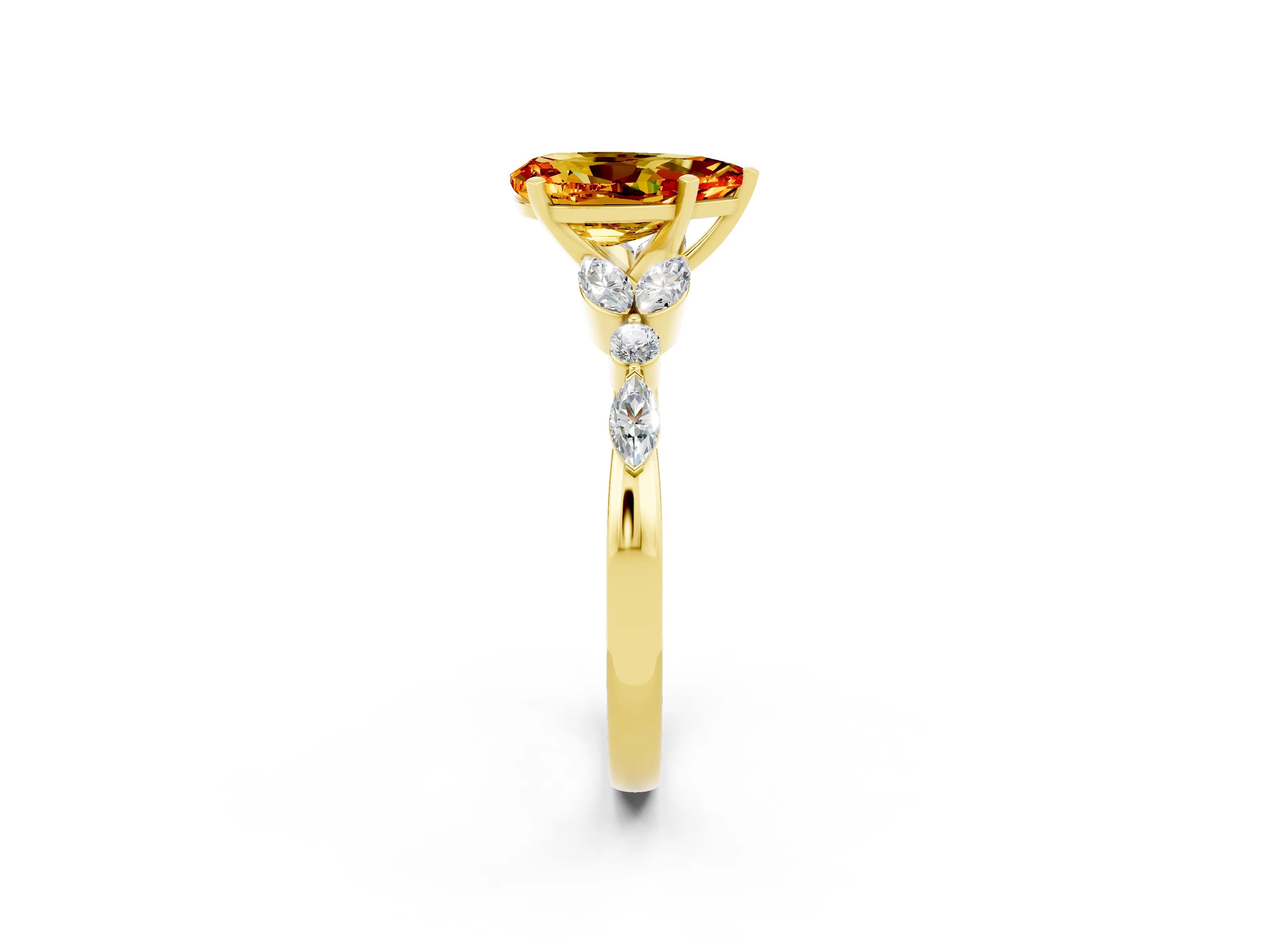 Yellow gold Pear Cut Citrine Solitaire Ring with Side Stones and Four-Prong Setting_14