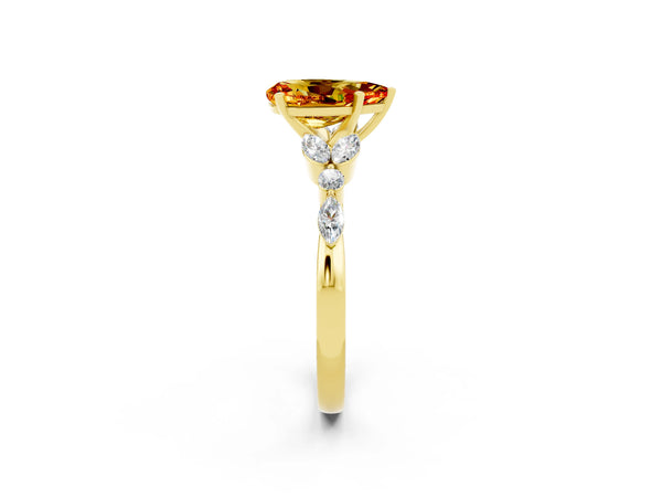 Yellow gold Pear Cut Citrine Solitaire Ring with Side Stones and Four-Prong Setting