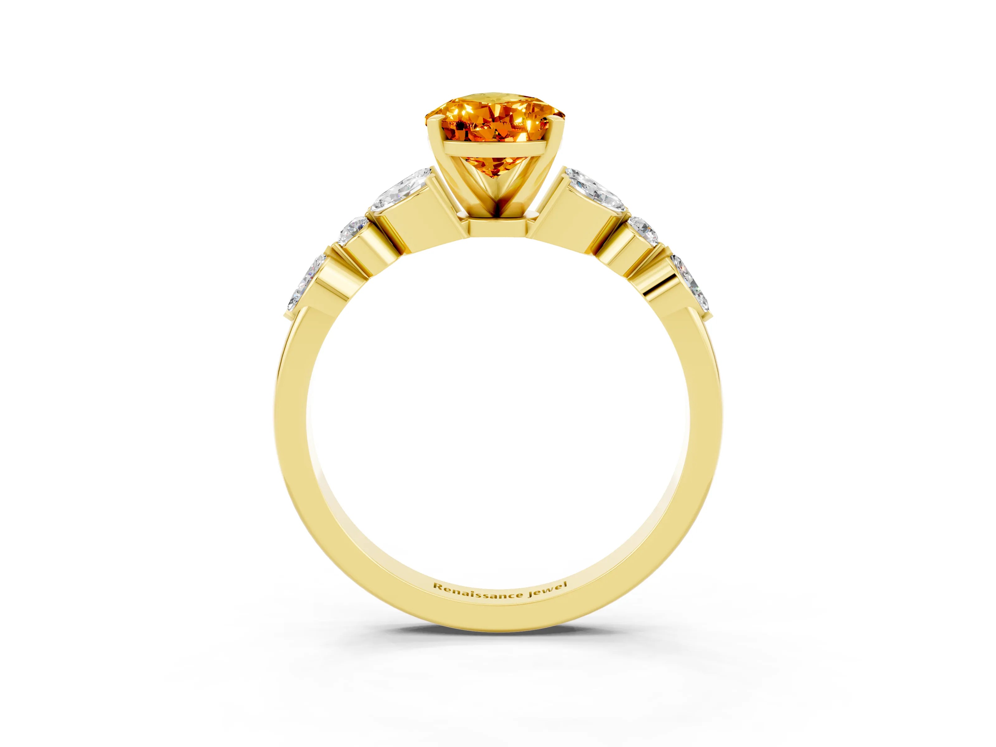 Yellow gold Pear Cut Citrine Solitaire Ring with Side Stones and Four-Prong Setting_15