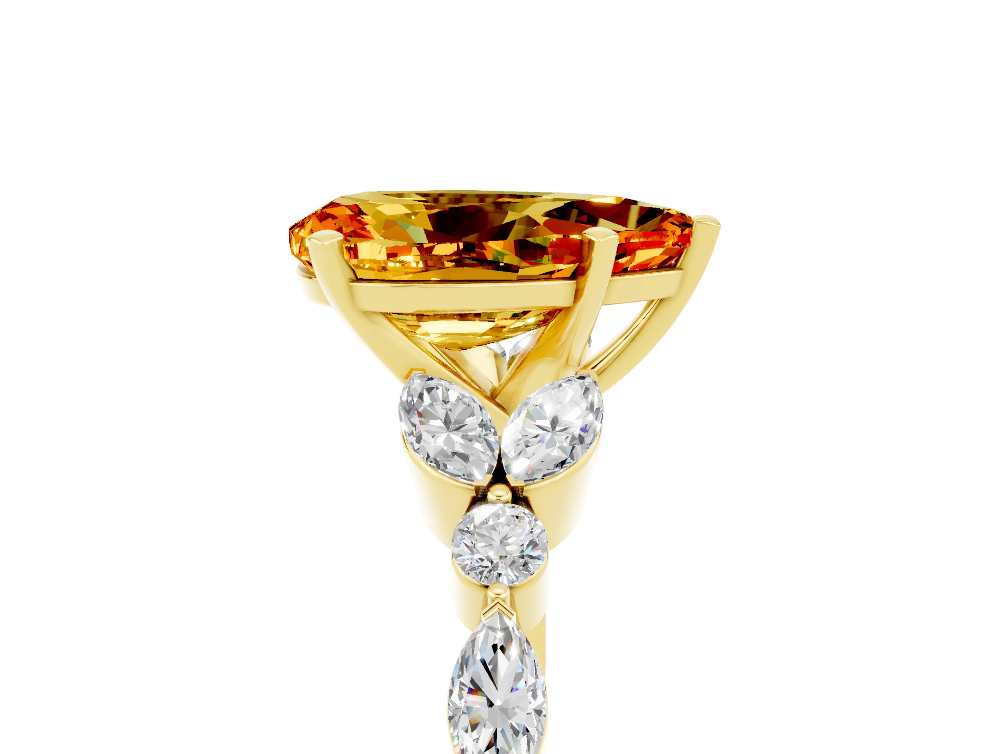 Yellow gold Pear Cut Citrine Solitaire Ring with Side Stones and Four-Prong Setting_17