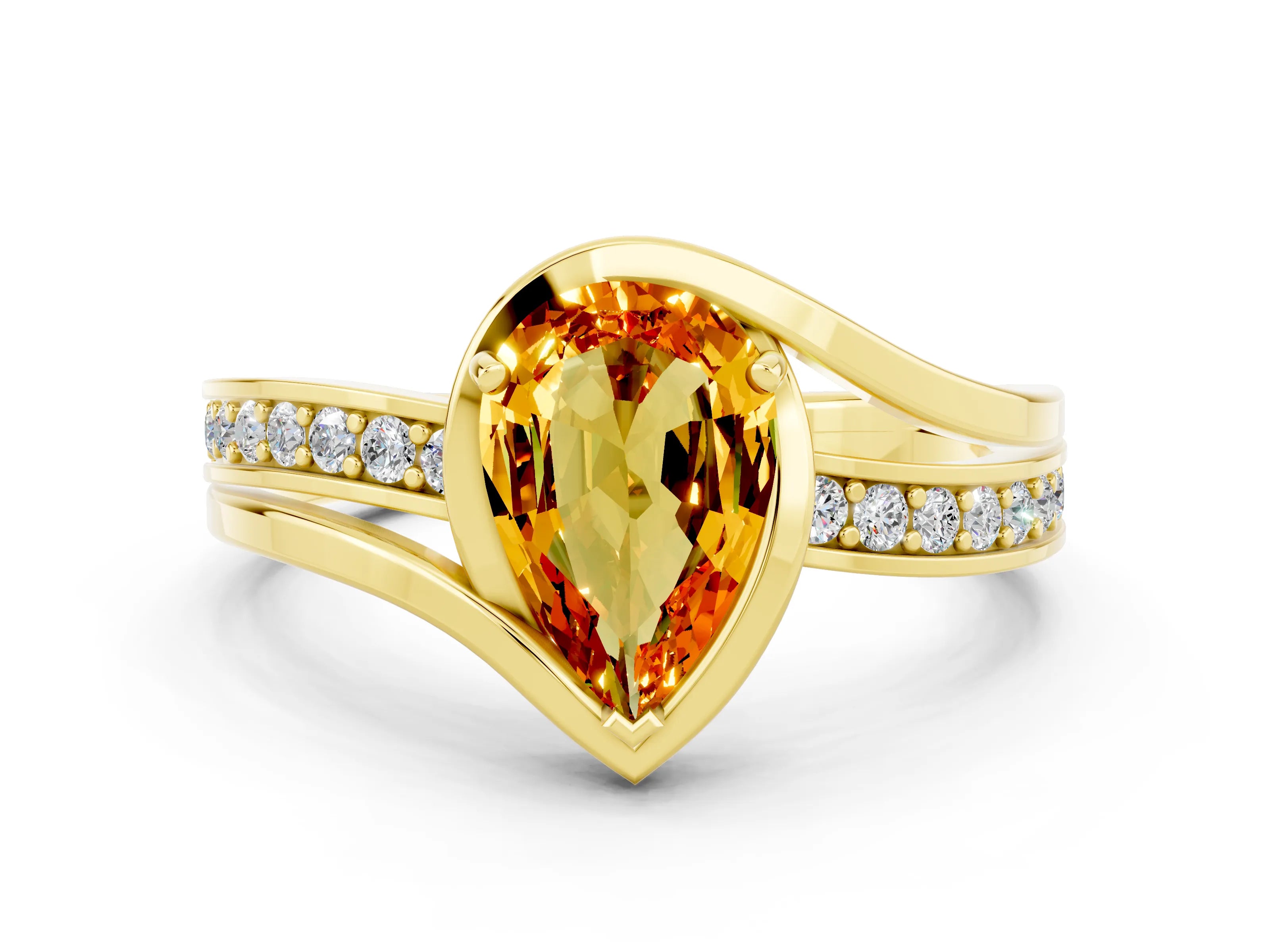 Yellow gold Pear Cut Citrine Solitaire Ring with Split Shank and Prong Setting