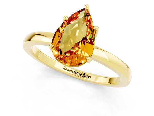 Yellow gold Pear Cut Citrine Solitaire Ring with Thin Band and Prong Setting