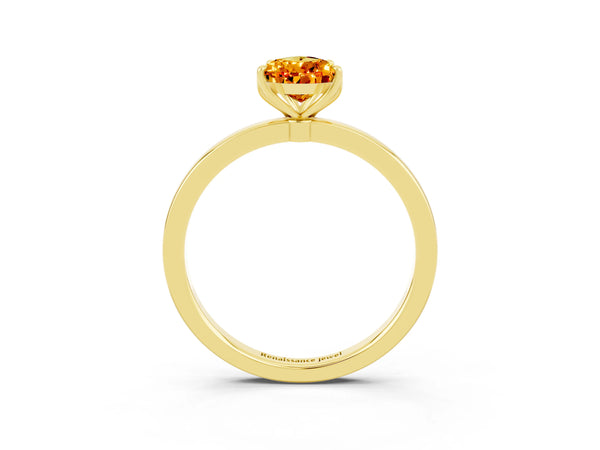 Yellow gold Pear Cut Citrine Solitaire Ring with Thin Band and Prong Setting