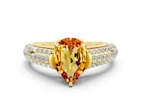 Yellow gold Pear Cut Citrine Solitaire Ring with Three-Row Pavé Band and Four-Prong Setting_12