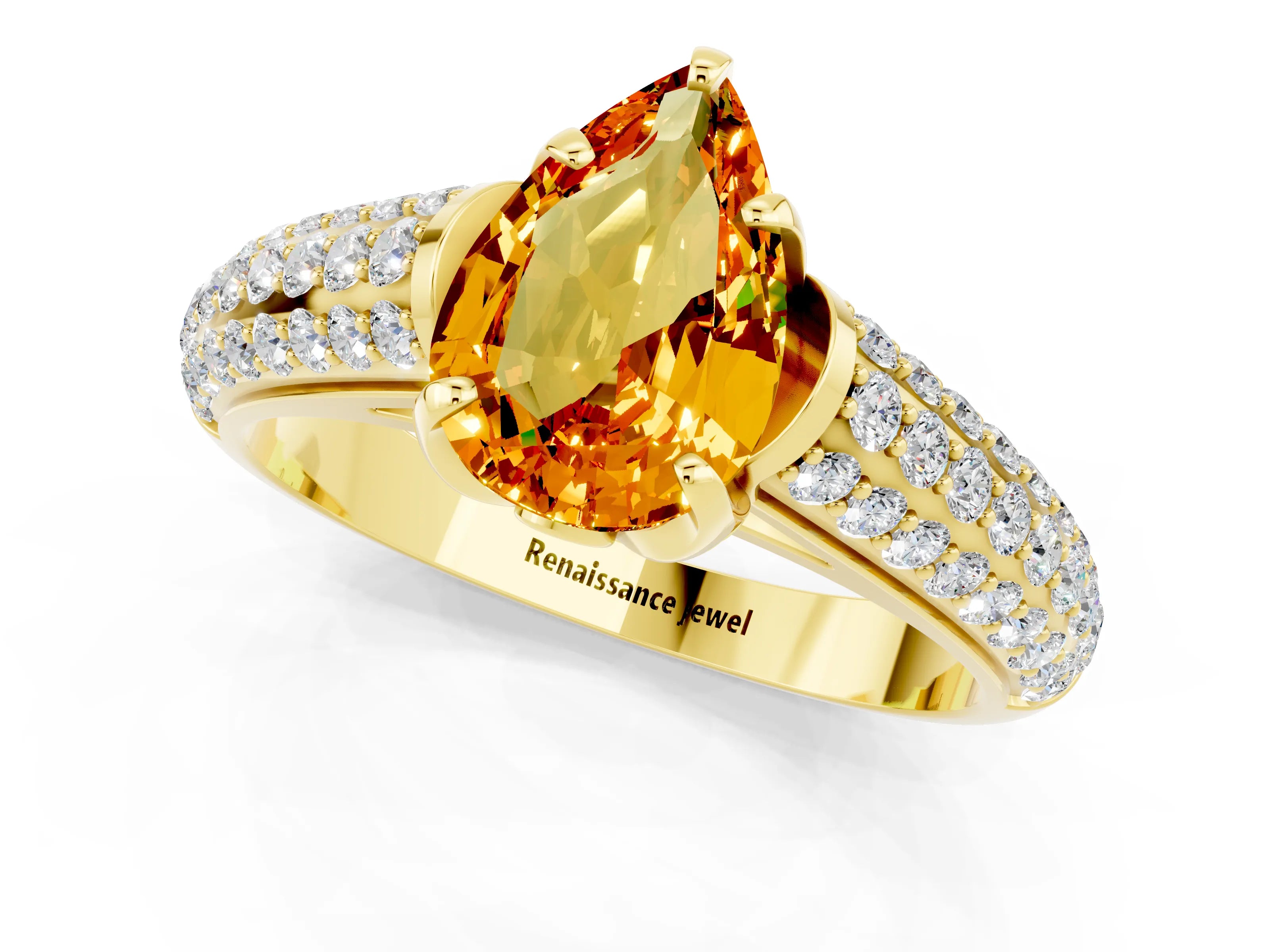 Yellow gold Pear Cut Citrine Solitaire Ring with Three-Row Pavé Band and Four-Prong Setting_13