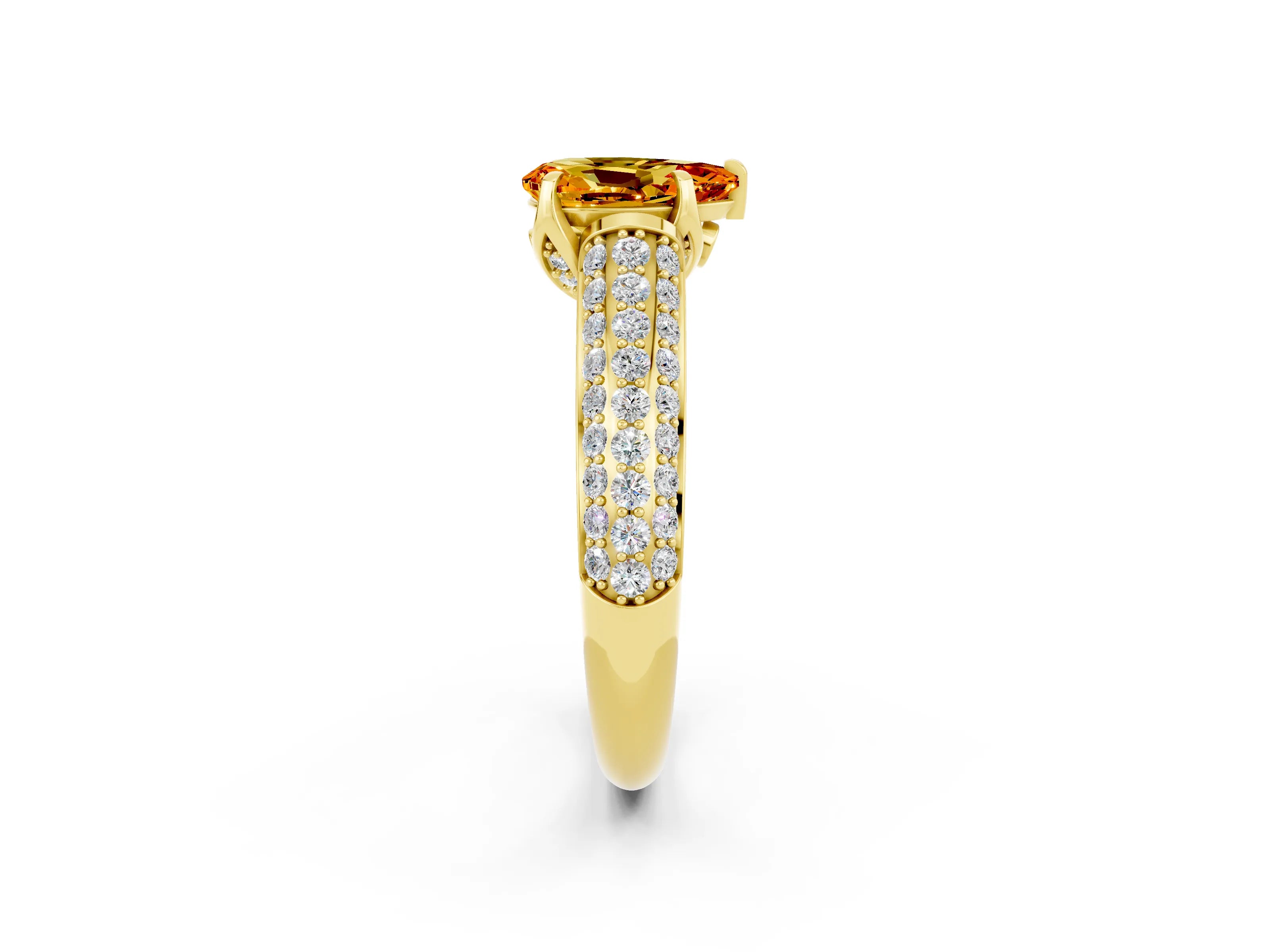 Yellow gold Pear Cut Citrine Solitaire Ring with Three-Row Pavé Band and Four-Prong Setting_14