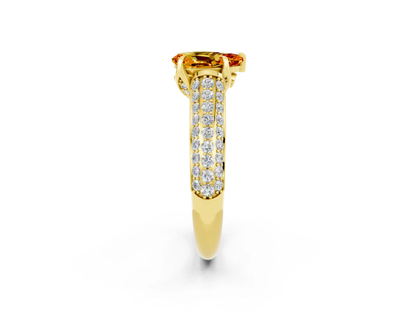 Yellow gold Pear Cut Citrine Solitaire Ring with Three-Row Pavé Band and Four-Prong Setting