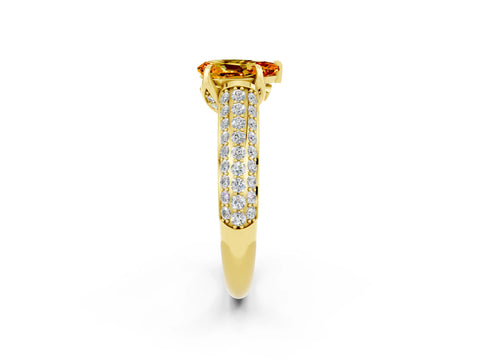 Yellow gold Pear Cut Citrine Solitaire Ring with Three-Row Pavé Band and Four-Prong Setting_14